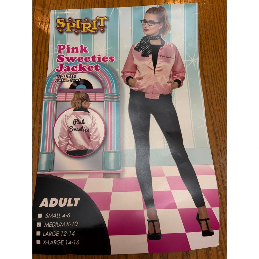 Spirit Halloween Pink Sweeties Jacket Scarf Set 50s Costume Medium 8-10 01343334